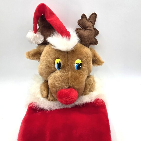 VTG 80s Christmas Red Nose Reindeer Stocking Fukei Ind. 3D Plush Hat Flat Eyes - Picture 2 of 7